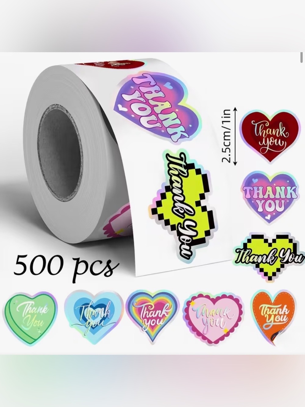 Thank You Holographic Assorted Heart Sticker Roll - 500 Pcs